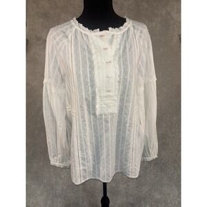 Sundance Alethia White Swiss Dot Peach Embroidered‎ Detail Ruffle Collar Top S